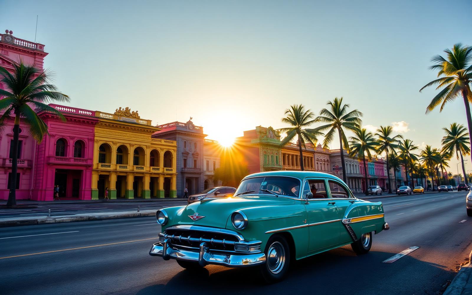 Colorful colonial buildings and a vintage car in Havana, Cuba