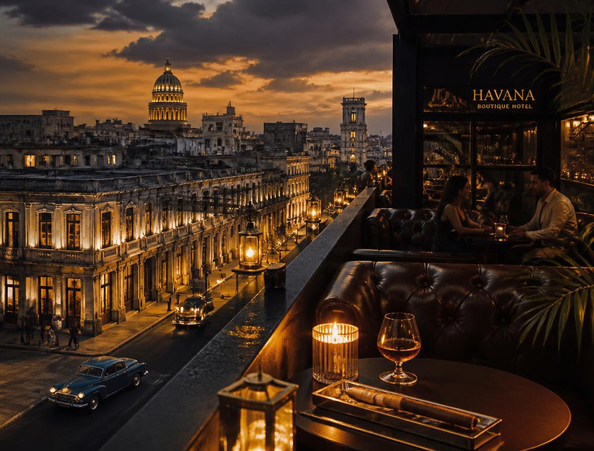 Luxury rooftop cigar lounge overlooking old Havana at dusk